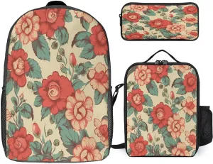 3 in 1 Backpack Set Retro Flower Print Casual Backpack Set Small Cosmetic Bag Travel Daypack Crossbody Lunch Bag Coin Purse Set