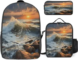 3 in 1 Backpack Set Rocky Wave Sunset Print Casual Backpack Set Small Cosmetic Bag Travel Daypack Crossbody Lunch Bag Coin Purse Set