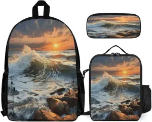 3 in 1 Backpack Set Rocky Wave Sunset Print Casual Backpack Set Small Cosmetic Bag Travel Daypack Crossbody Lunch Bag Coin Purse Set