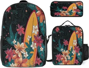 3 in 1 Backpack Set Surfboard And Flowers Print Casual Backpack Set Small Cosmetic Bag Travel Daypack Crossbody Lunch Bag Coin Purse Set