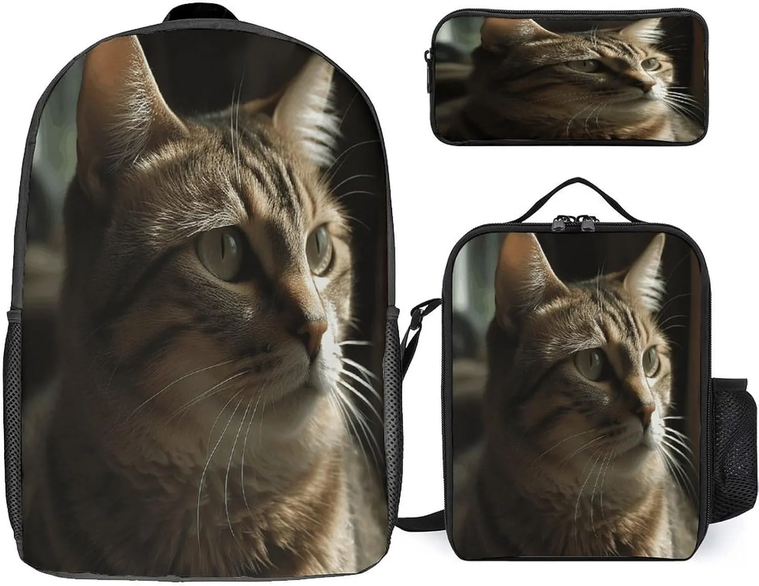 3 in 1 Backpack Set Tabby Cat Print Casual Backpack Set Small Cosmetic Bag Travel Daypack Crossbody Lunch Bag Coin Purse Set