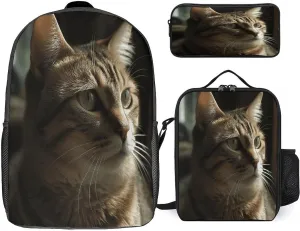 3 in 1 Backpack Set Tabby Cat Print Casual Backpack Set Small Cosmetic Bag Travel Daypack Crossbody Lunch Bag Coin Purse Set