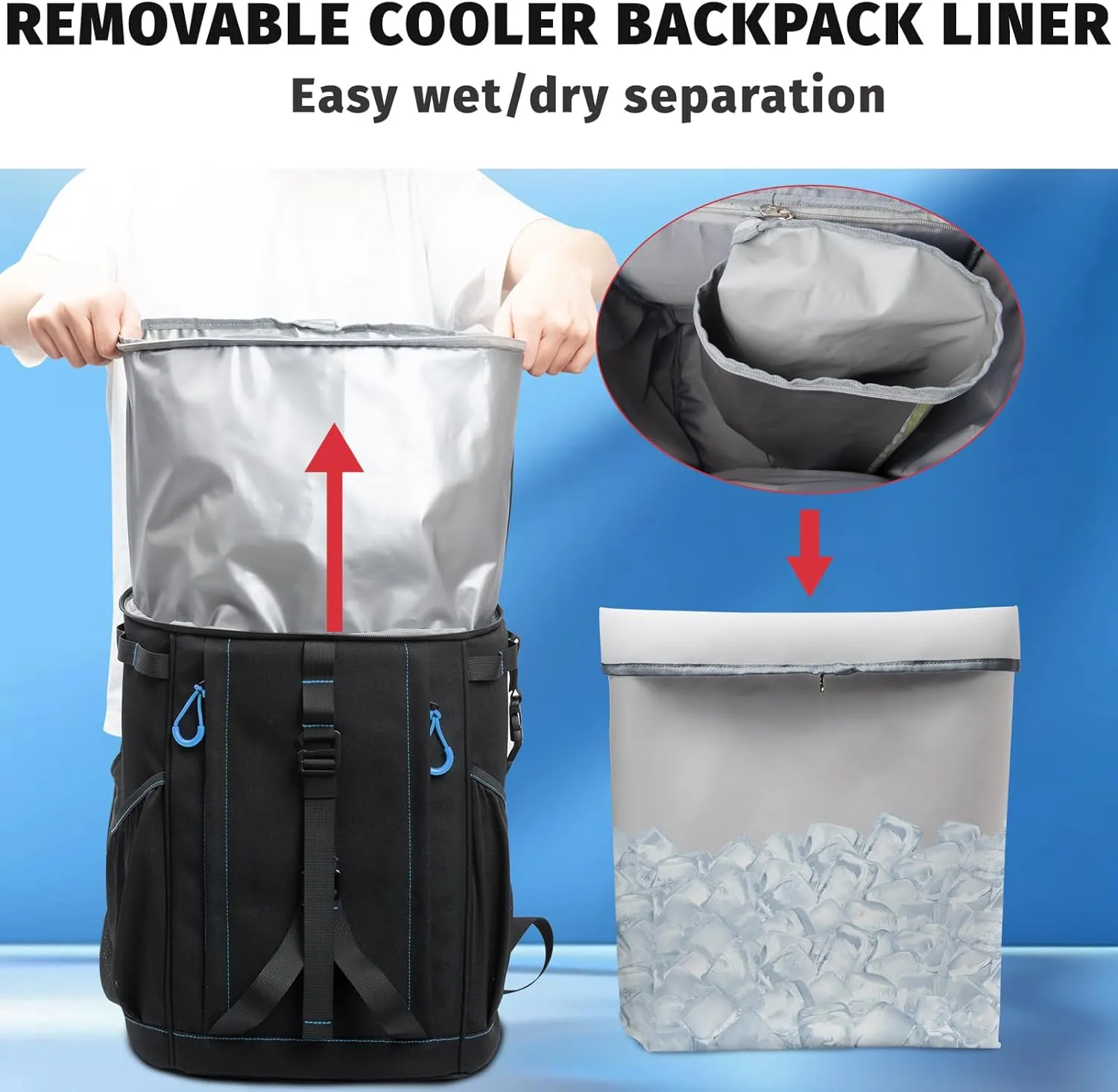 3-in-1 Cooler Backpack with Detachable Liner, Leakproof Backpack Cooler Bag 45/55 Cans & 20 Hours Insulate Ice Chest Backpack