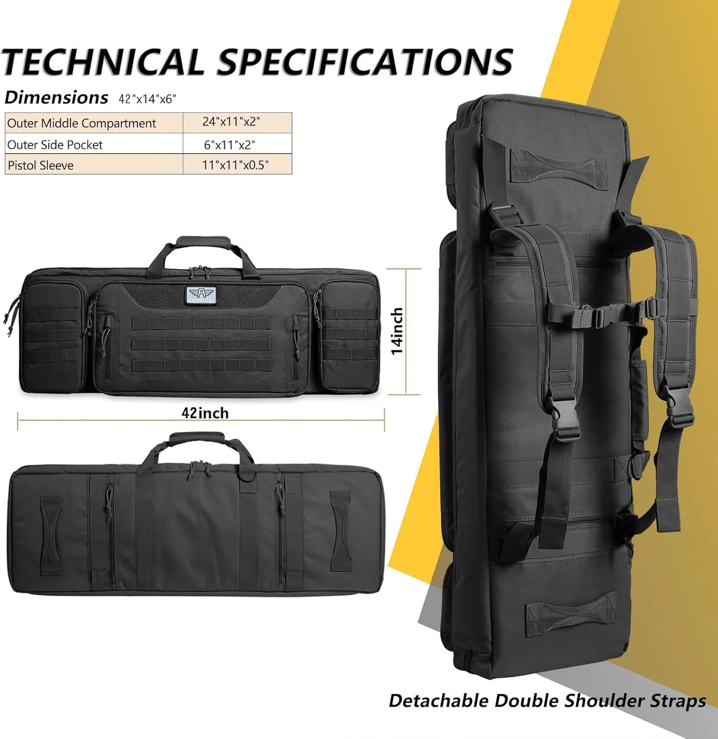 36" 42" 48" Double Long Gun Bag Nylon 1000D Soft Case Backpack Rifle Shotgun Pistol Transportation for Hunting Shooting Range, Firearm Transportation with Lockable Zipper and Molle System