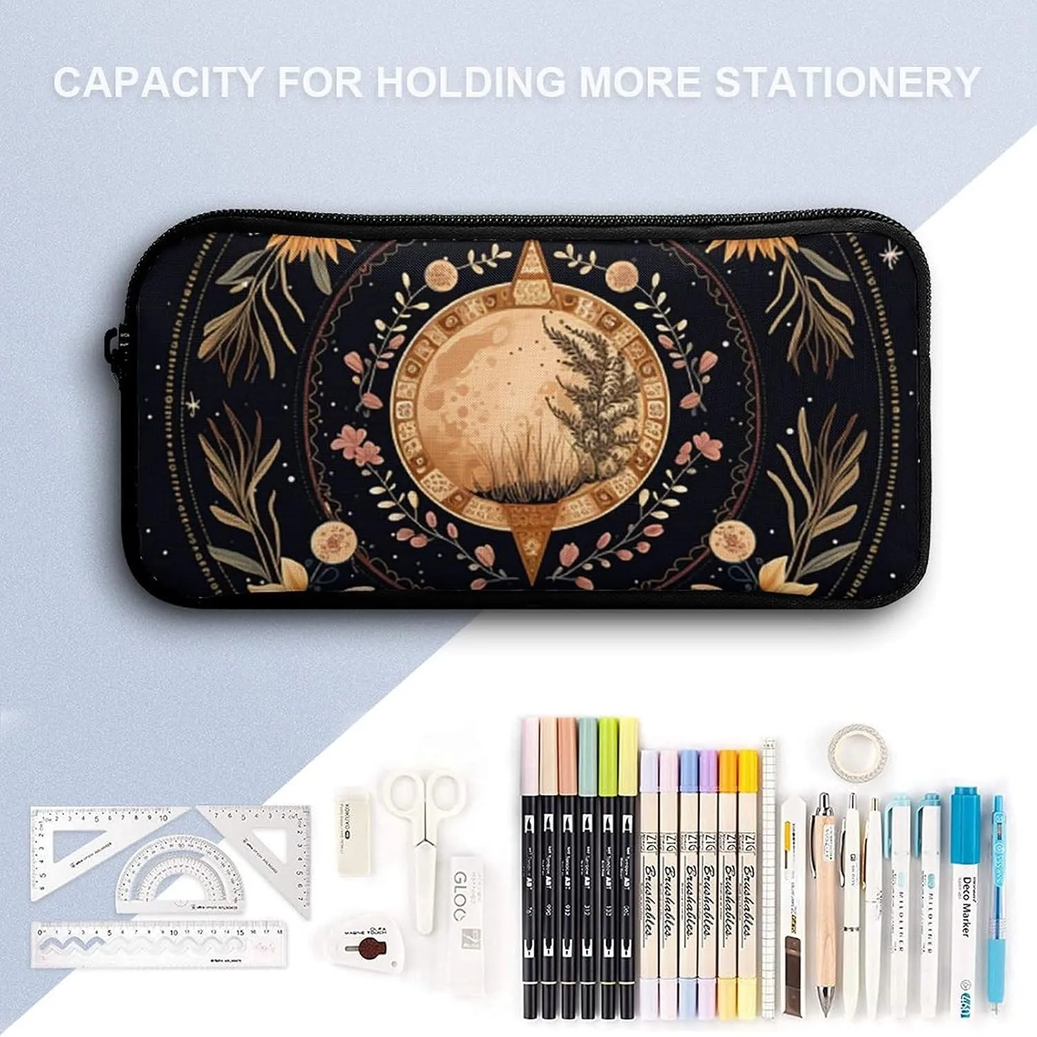 3PCS Astrology Plant Moon Phase Flower Backpack Set, 17 Inch Backpack with Portable Lunch Bag And Pencil Case for Work/Picnic/Travel