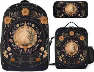 3PCS Astrology Plant Moon Phase Flower Backpack Set, 17 Inch Backpack with Portable Lunch Bag And Pencil Case for Work/Picnic/Travel