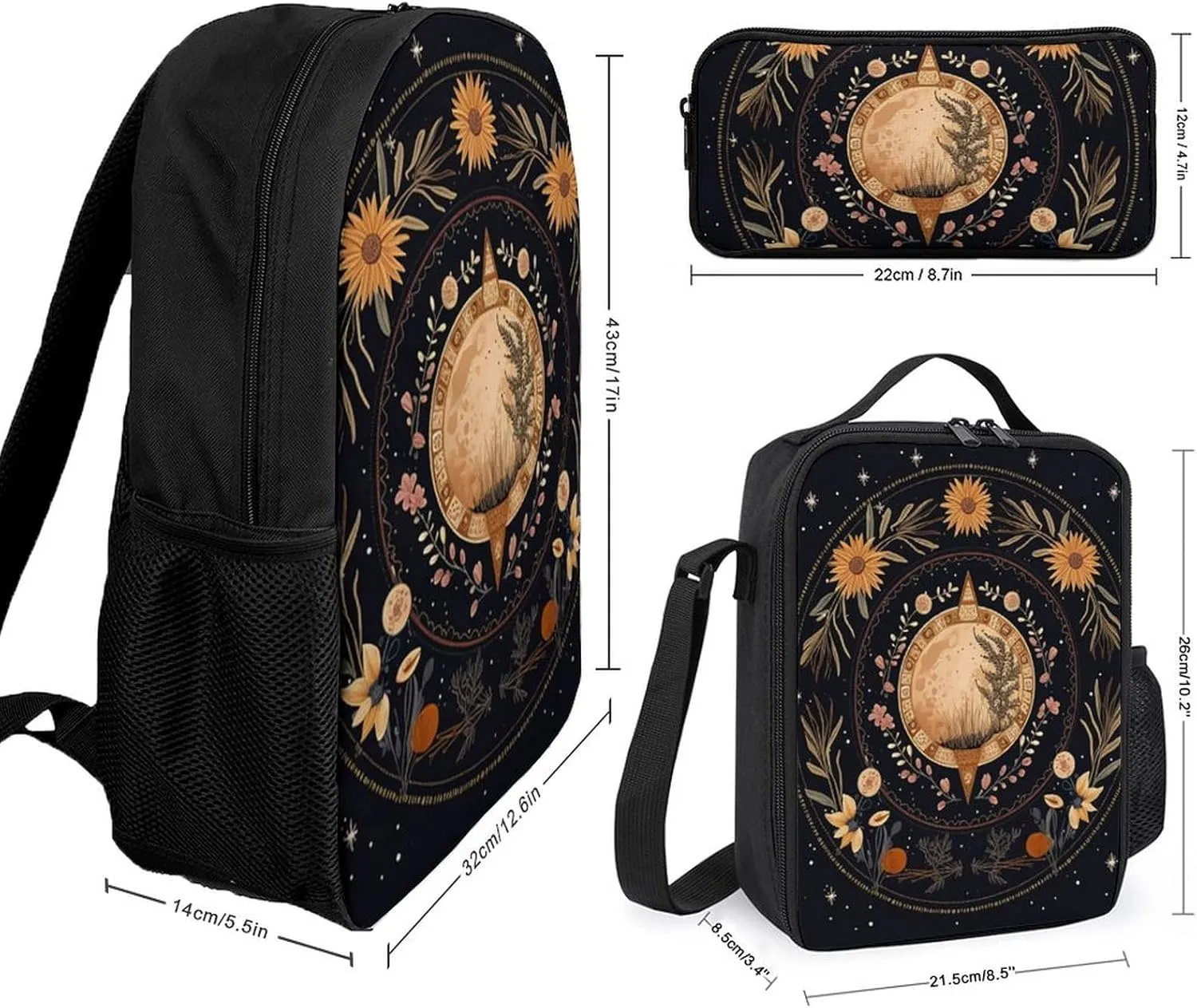 3PCS Astrology Plant Moon Phase Flower Backpack Set, 17 Inch Backpack with Portable Lunch Bag And Pencil Case for Work/Picnic/Travel