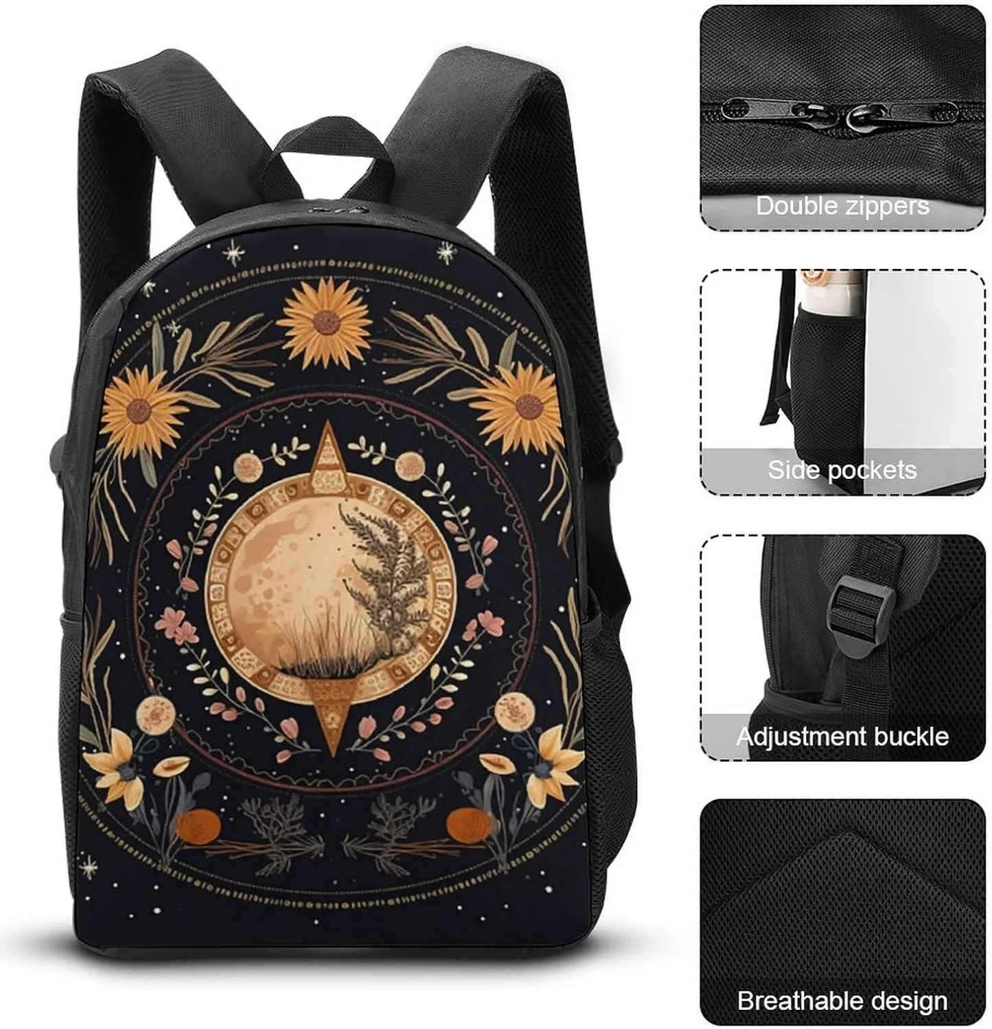 3PCS Astrology Plant Moon Phase Flower Backpack Set, 17 Inch Backpack with Portable Lunch Bag And Pencil Case for Work/Picnic/Travel