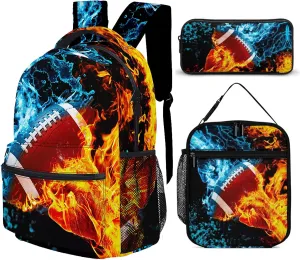3pcs Bright Ice & Fire Football Backpack Set, Multi-functional Laptop Bag 17in Water Resistant Travel Daypack, Large Capacity Double Shoulder Backpack With Lunch Bag (Bright Ice & Fire Football）
