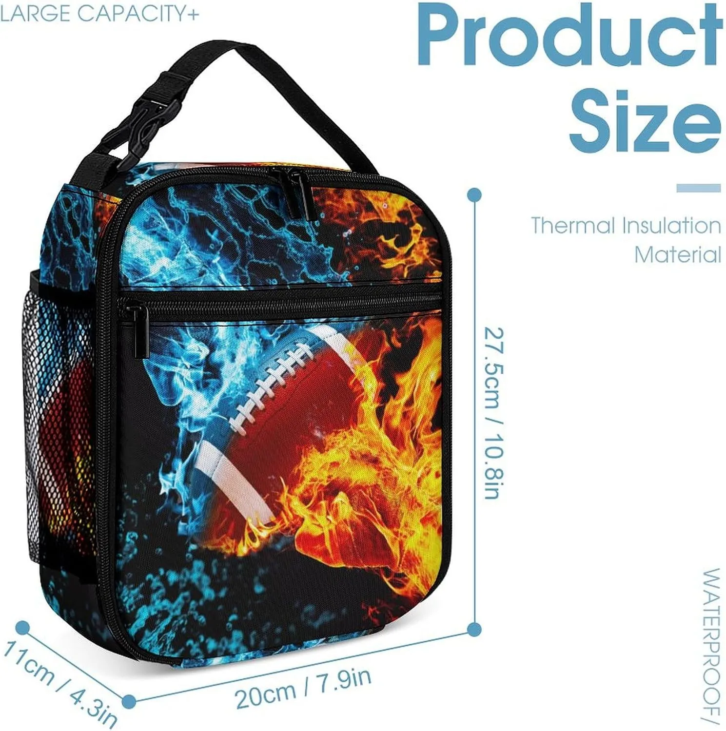 3pcs Bright Ice & Fire Football Backpack Set, Multi-functional Laptop Bag 17in Water Resistant Travel Daypack, Large Capacity Double Shoulder Backpack With Lunch Bag (Bright Ice & Fire Football）