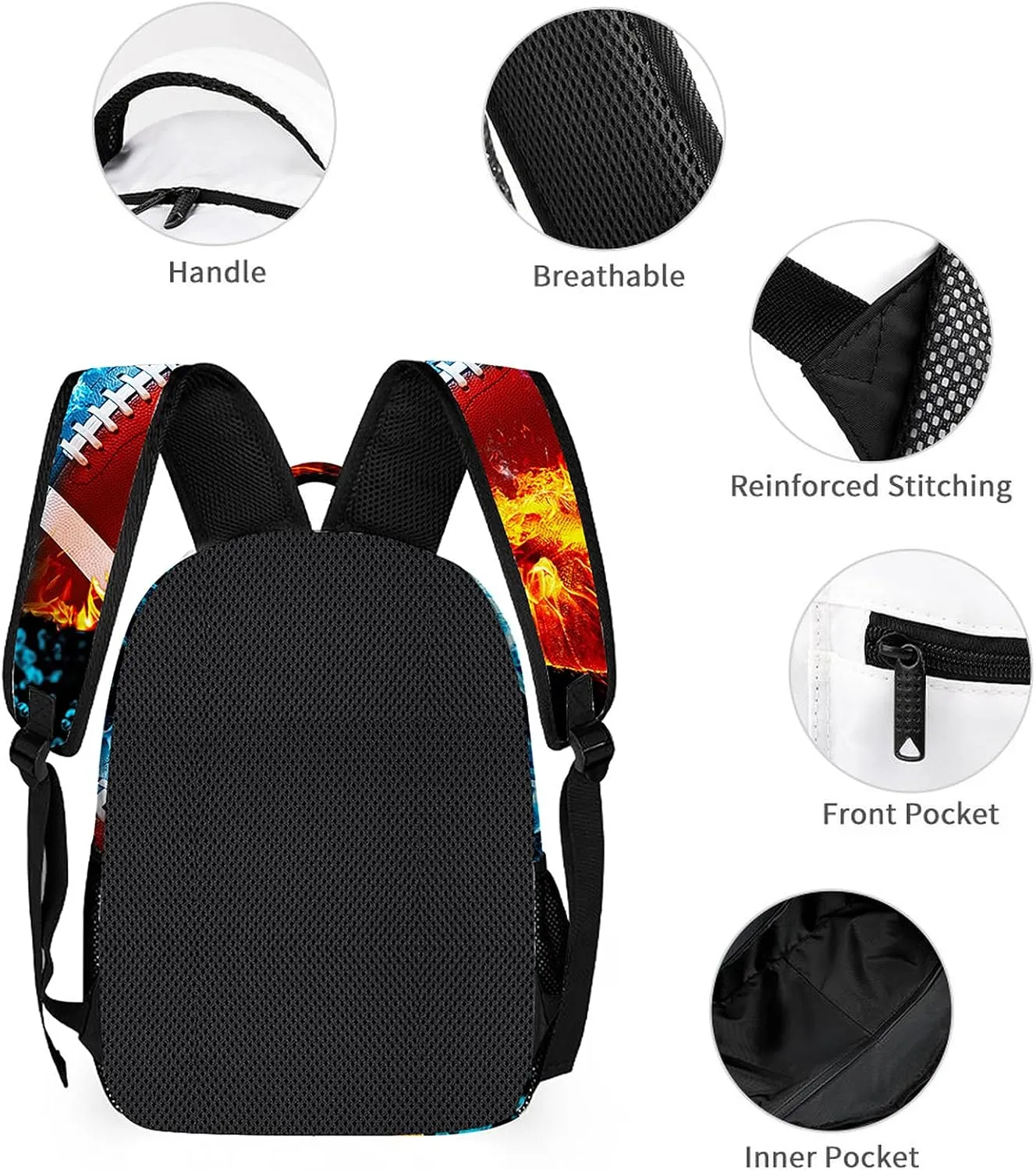 3pcs Bright Ice & Fire Football Backpack Set, Multi-functional Laptop Bag 17in Water Resistant Travel Daypack, Large Capacity Double Shoulder Backpack With Lunch Bag (Bright Ice & Fire Football）