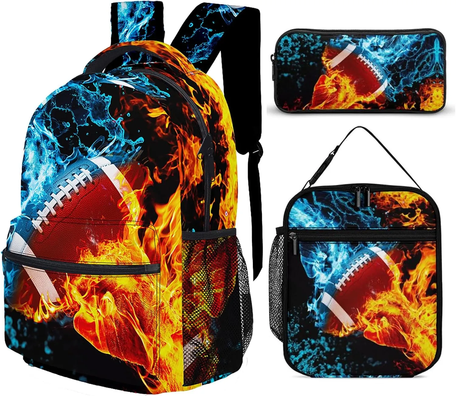 3pcs Bright Ice & Fire Football Backpack Set, Multi-functional Laptop Bag 17in Water Resistant Travel Daypack, Large Capacity Double Shoulder Backpack With Lunch Bag (Bright Ice & Fire Football）