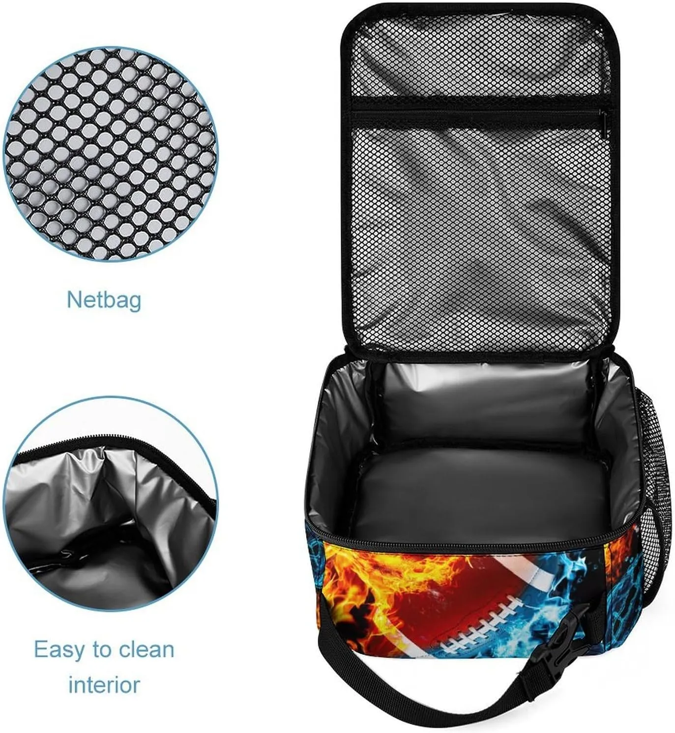 3pcs Bright Ice & Fire Football Backpack Set, Multi-functional Laptop Bag 17in Water Resistant Travel Daypack, Large Capacity Double Shoulder Backpack With Lunch Bag (Bright Ice & Fire Football）