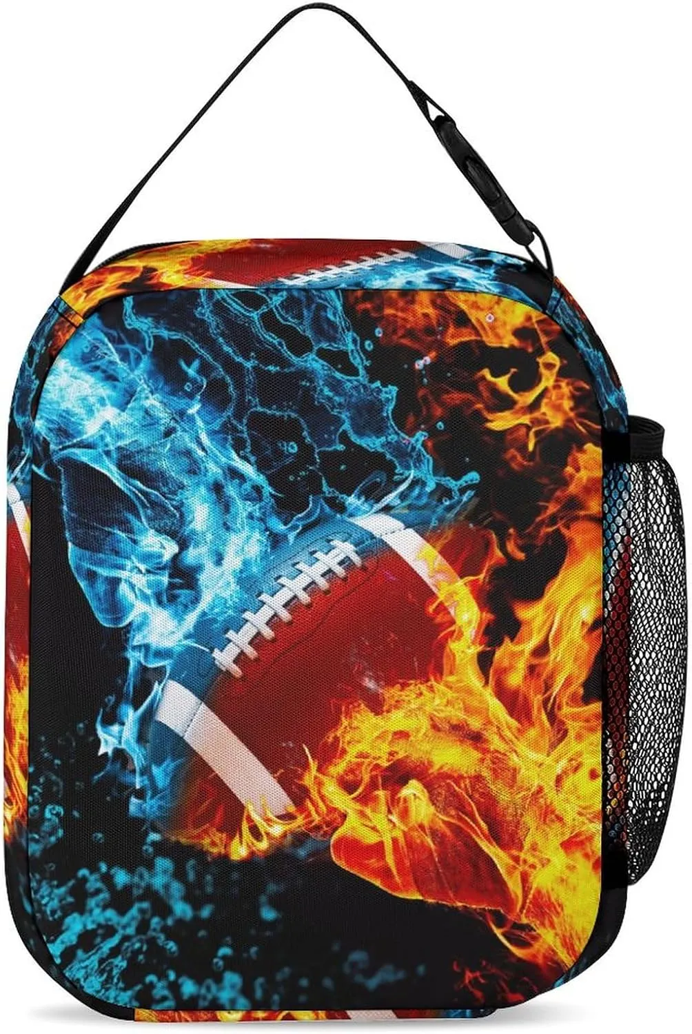 3pcs Bright Ice & Fire Football Backpack Set, Multi-functional Laptop Bag 17in Water Resistant Travel Daypack, Large Capacity Double Shoulder Backpack With Lunch Bag (Bright Ice & Fire Football）
