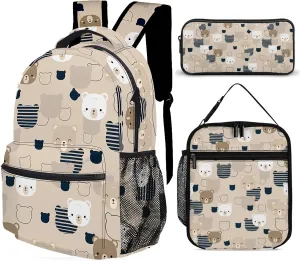 3pcs Cartoon Adorable Bear Backpack Set, Multi-functional Laptop Bag 17in Water Resistant Daypack, Large Capacity Double Shoulder Backpack With Lunch Bag (Cartoon Adorable Bear