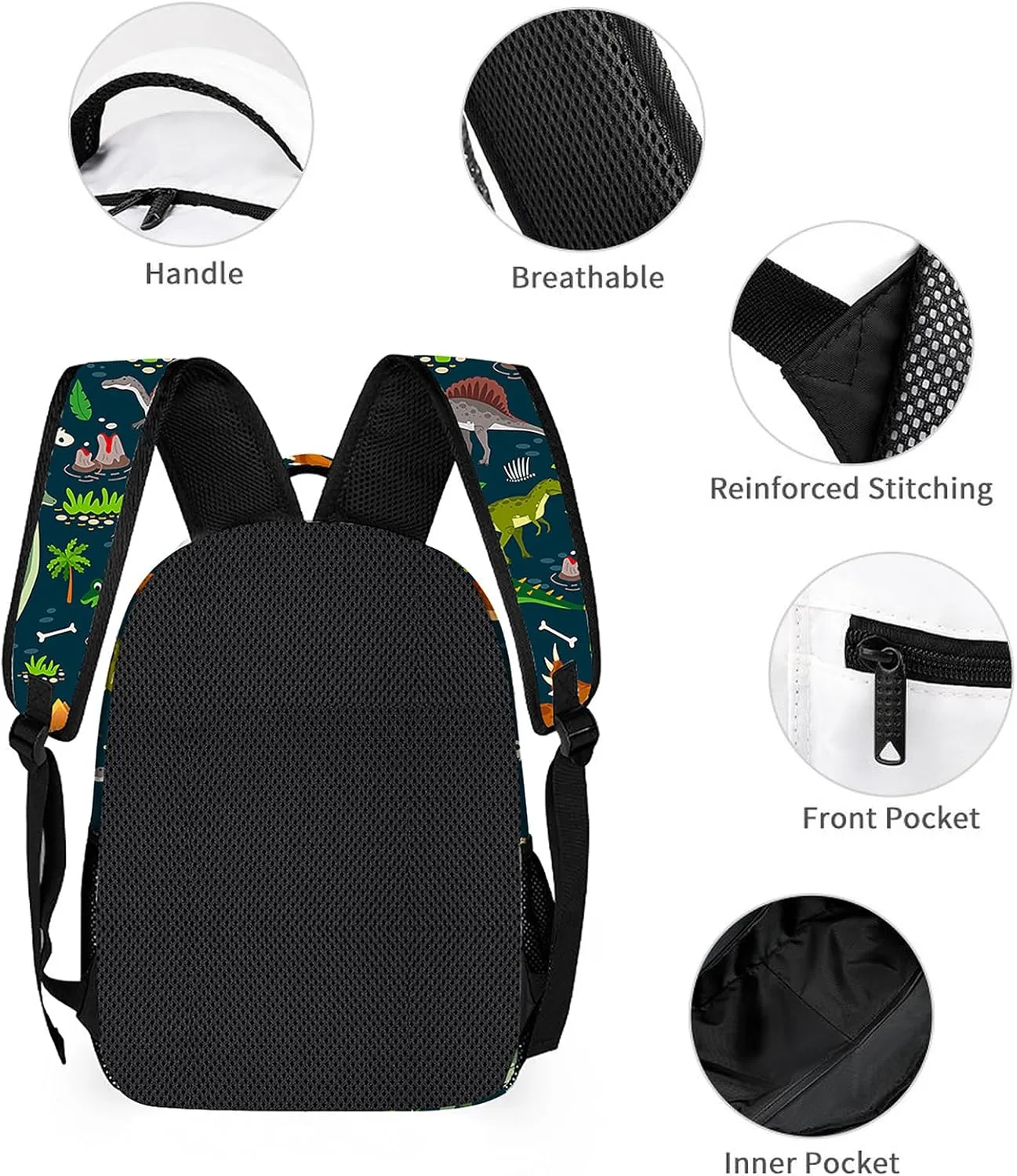 3pcs Cartoon Dinosaur Backpack Set, Multi-functional Laptop Bag 17in Water Resistant Travel Daypack, Large Capacity Double Shoulder Backpack With Lunch Bag (Cartoon Dinosaur
