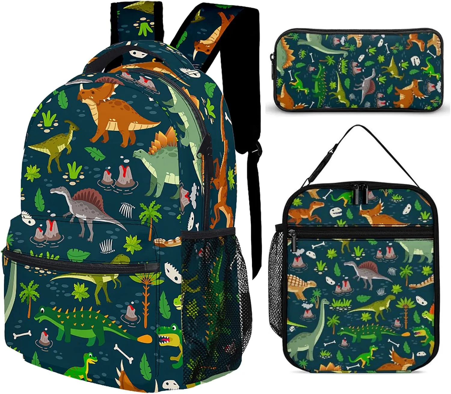 3pcs Cartoon Dinosaur Backpack Set, Multi-functional Laptop Bag 17in Water Resistant Travel Daypack, Large Capacity Double Shoulder Backpack With Lunch Bag (Cartoon Dinosaur