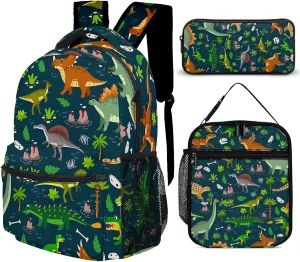 3pcs Cartoon Dinosaur Backpack Set, Multi-functional Laptop Bag 17in Water Resistant Travel Daypack, Large Capacity Double Shoulder Backpack With Lunch Bag (Cartoon Dinosaur