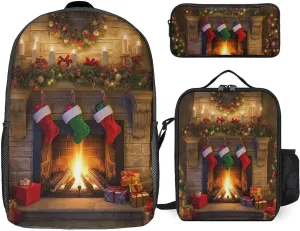 3PCS Colorful Xmas Tree Fireplace Backpack Set, 17 Inch Backpack with Portable Lunch Bag And Pencil Case for Work/Picnic/Travel