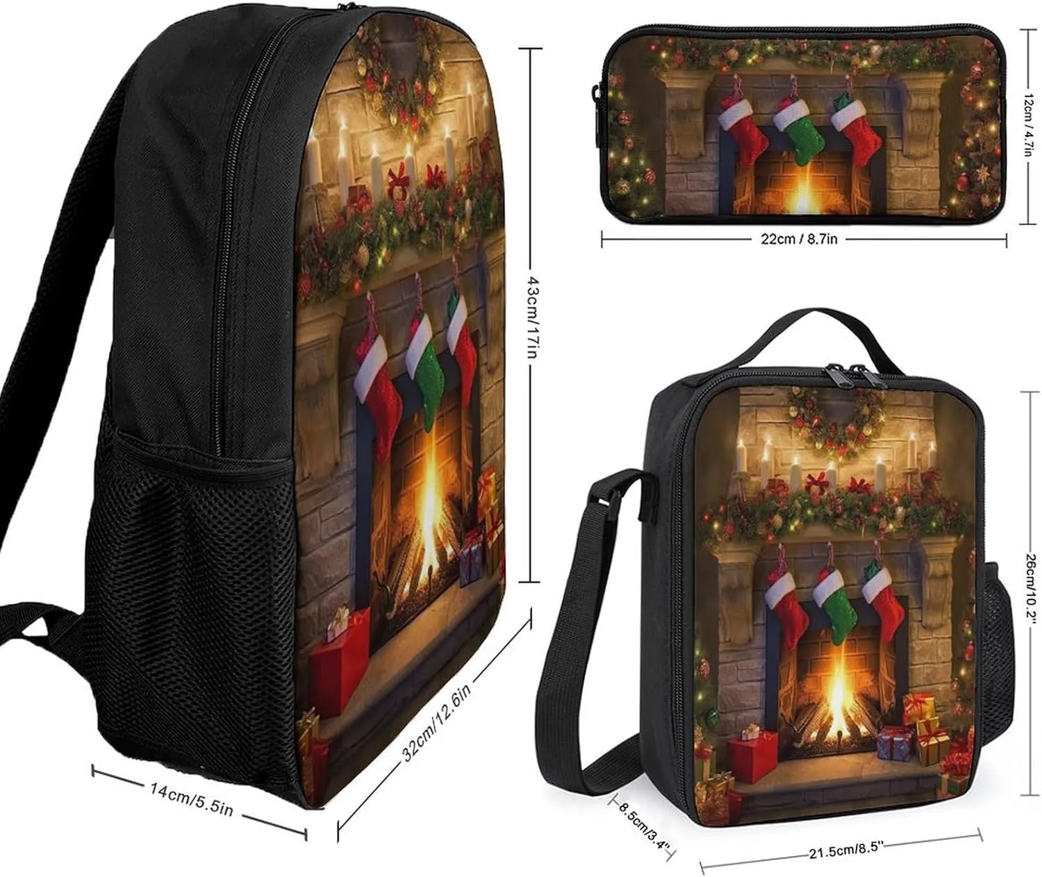 3PCS Colorful Xmas Tree Fireplace Backpack Set, 17 Inch Backpack with Portable Lunch Bag And Pencil Case for Work/Picnic/Travel