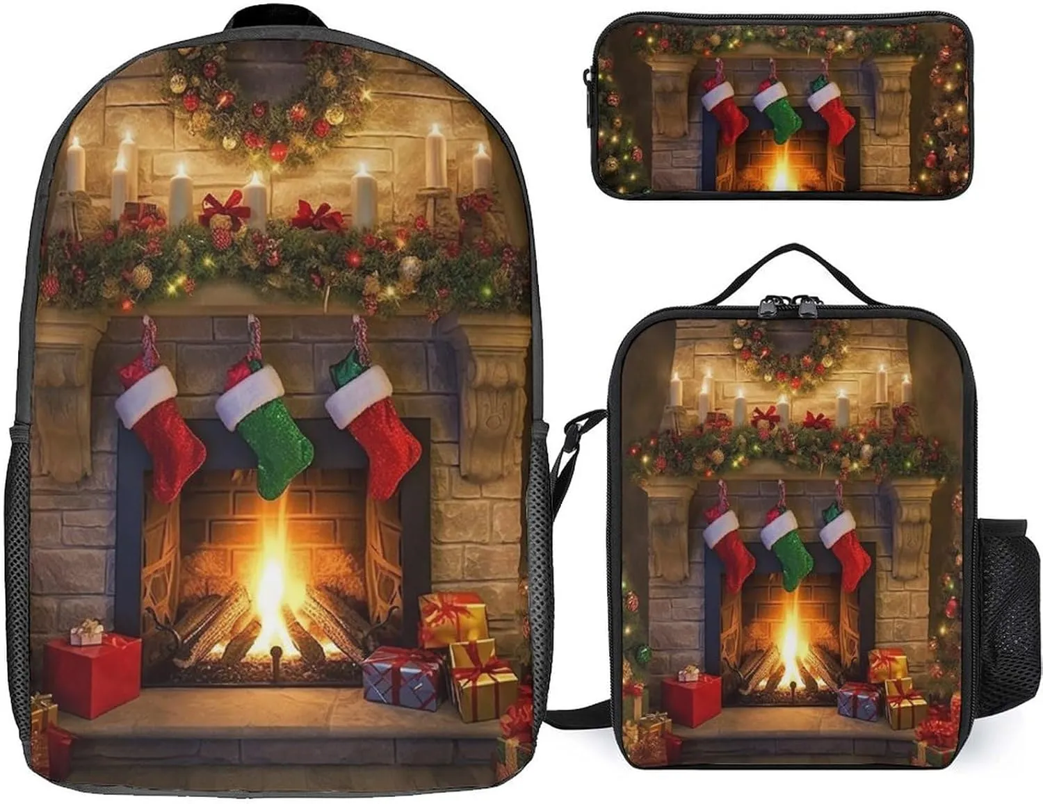 3PCS Colorful Xmas Tree Fireplace Backpack Set, 17 Inch Backpack with Portable Lunch Bag And Pencil Case for Work/Picnic/Travel
