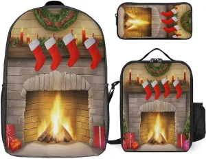 3PCS Colorful Xmas Tree Fireplace Backpack Set, 17 Inch Backpack with Portable Lunch Bag And Pencil Case for Work/Picnic/Travel