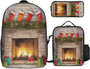 3PCS Colorful Xmas Tree Fireplace Backpack Set, 17 Inch Backpack with Portable Lunch Bag And Pencil Case for Work/Picnic/Travel