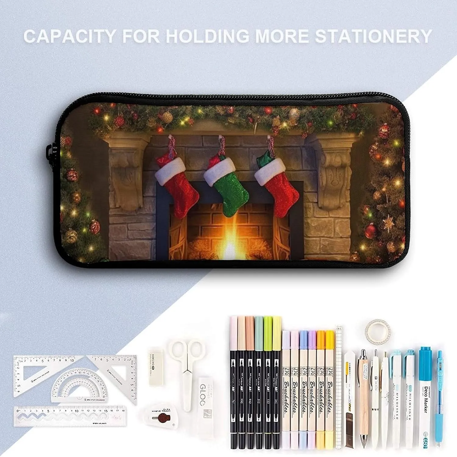 3PCS Colorful Xmas Tree Fireplace Backpack Set, 17 Inch Backpack with Portable Lunch Bag And Pencil Case for Work/Picnic/Travel