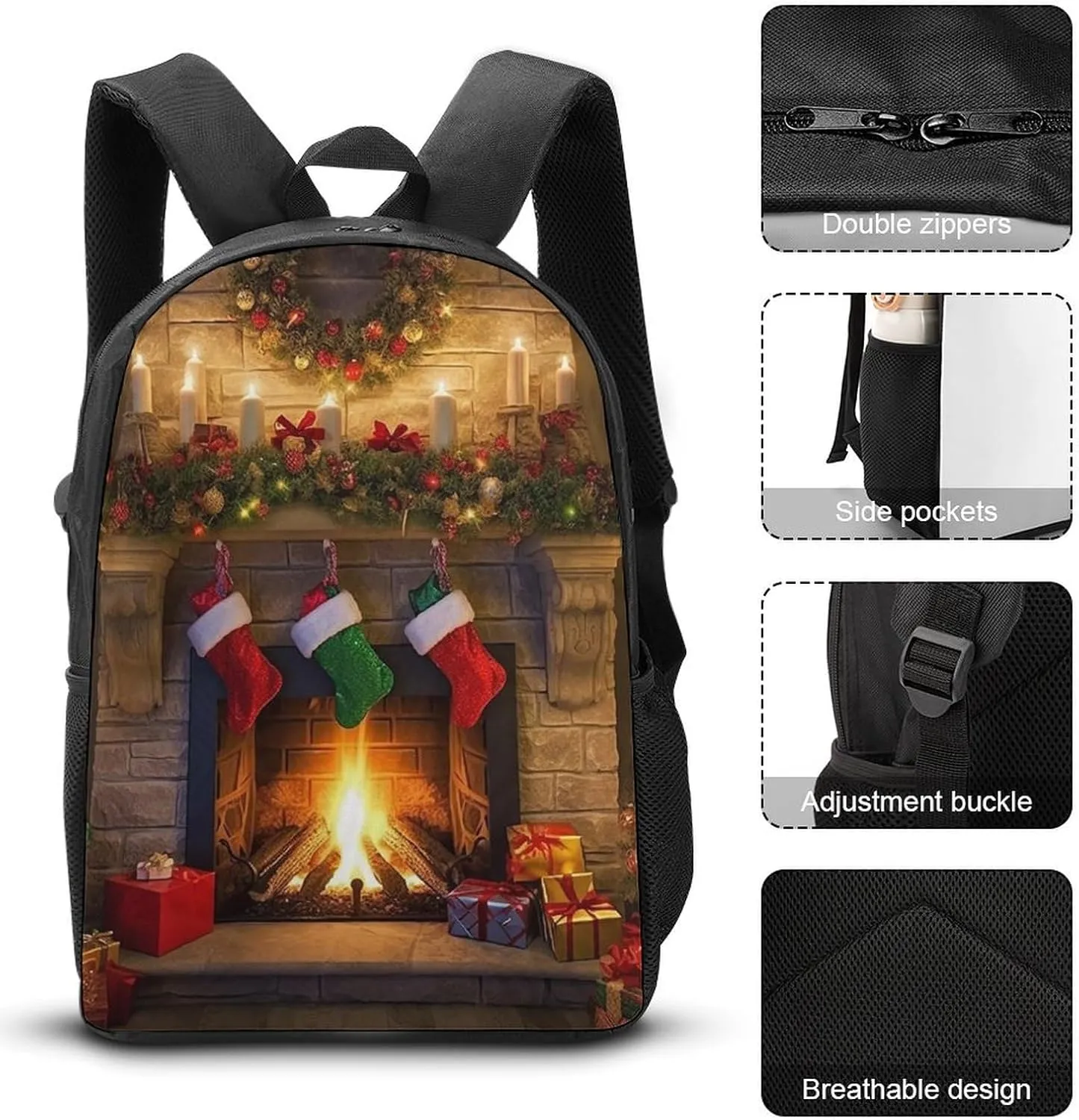 3PCS Colorful Xmas Tree Fireplace Backpack Set, 17 Inch Backpack with Portable Lunch Bag And Pencil Case for Work/Picnic/Travel
