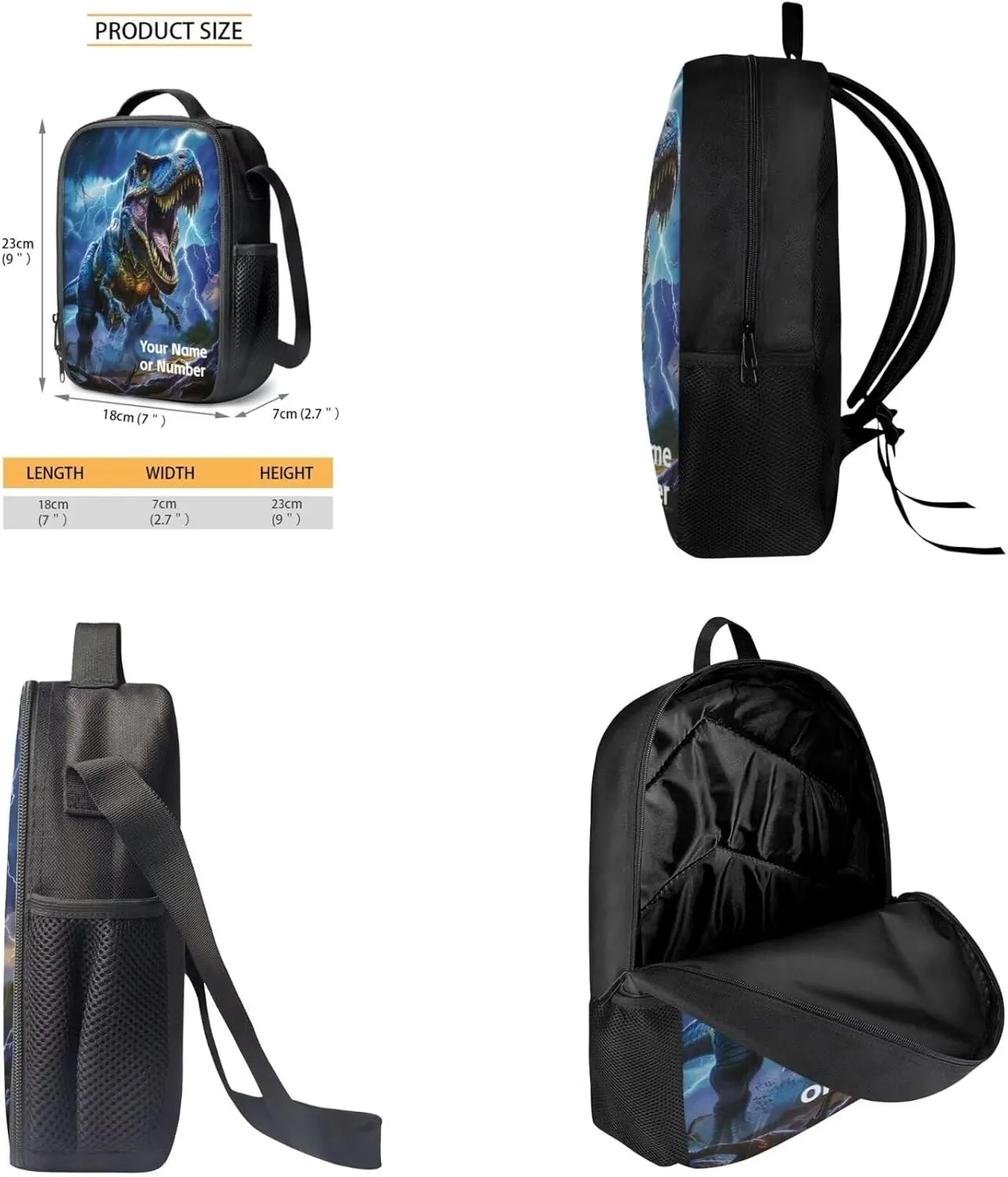 3PCS Custom Dinosaur Backpack for Boys with Lunch Box Pencil Case, Large 17 Inch Kids School Bookbag with Insulated Lunch Bag Pencil Pouch for Elementary School, Blue