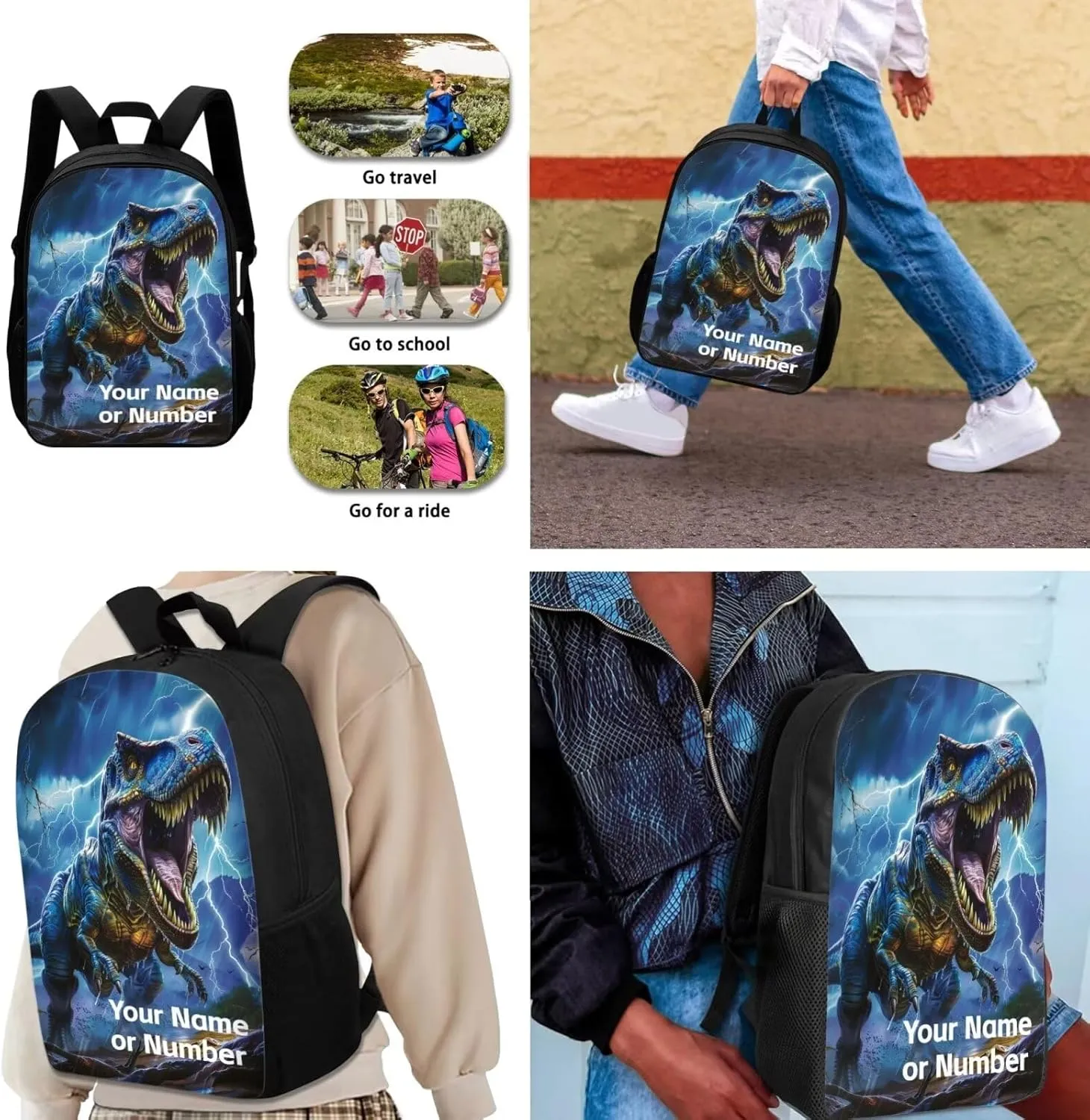 3PCS Custom Dinosaur Backpack for Boys with Lunch Box Pencil Case, Large 17 Inch Kids School Bookbag with Insulated Lunch Bag Pencil Pouch for Elementary School, Blue