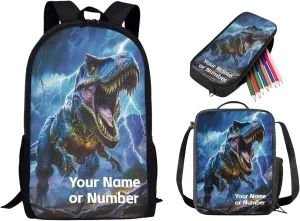 3PCS Custom Dinosaur Backpack for Boys with Lunch Box Pencil Case, Large 17 Inch Kids School Bookbag with Insulated Lunch Bag Pencil Pouch for Elementary School, Blue