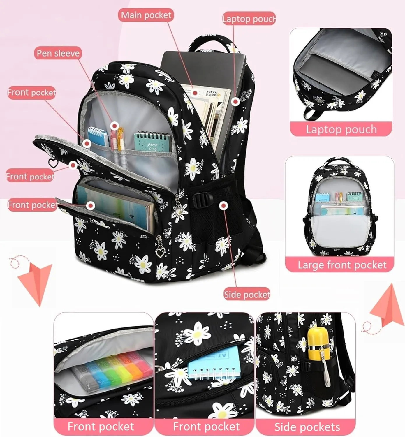 3Pcs Daisy Backpack for Girls with Lunch Box Kids School Bag with Lunch Bag Bookbag for Elementary School