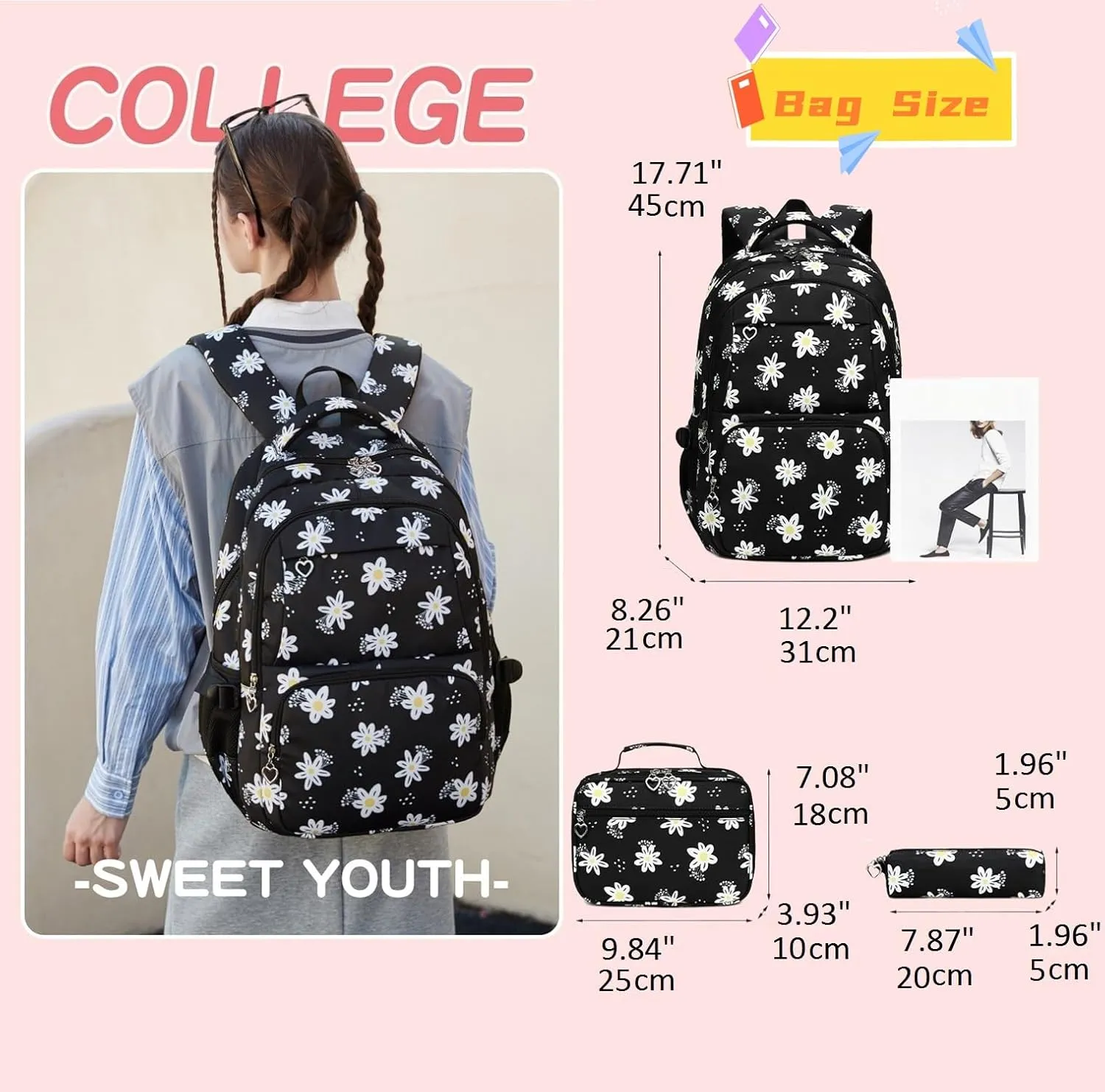 3Pcs Daisy Backpack for Girls with Lunch Box Kids School Bag with Lunch Bag Bookbag for Elementary School