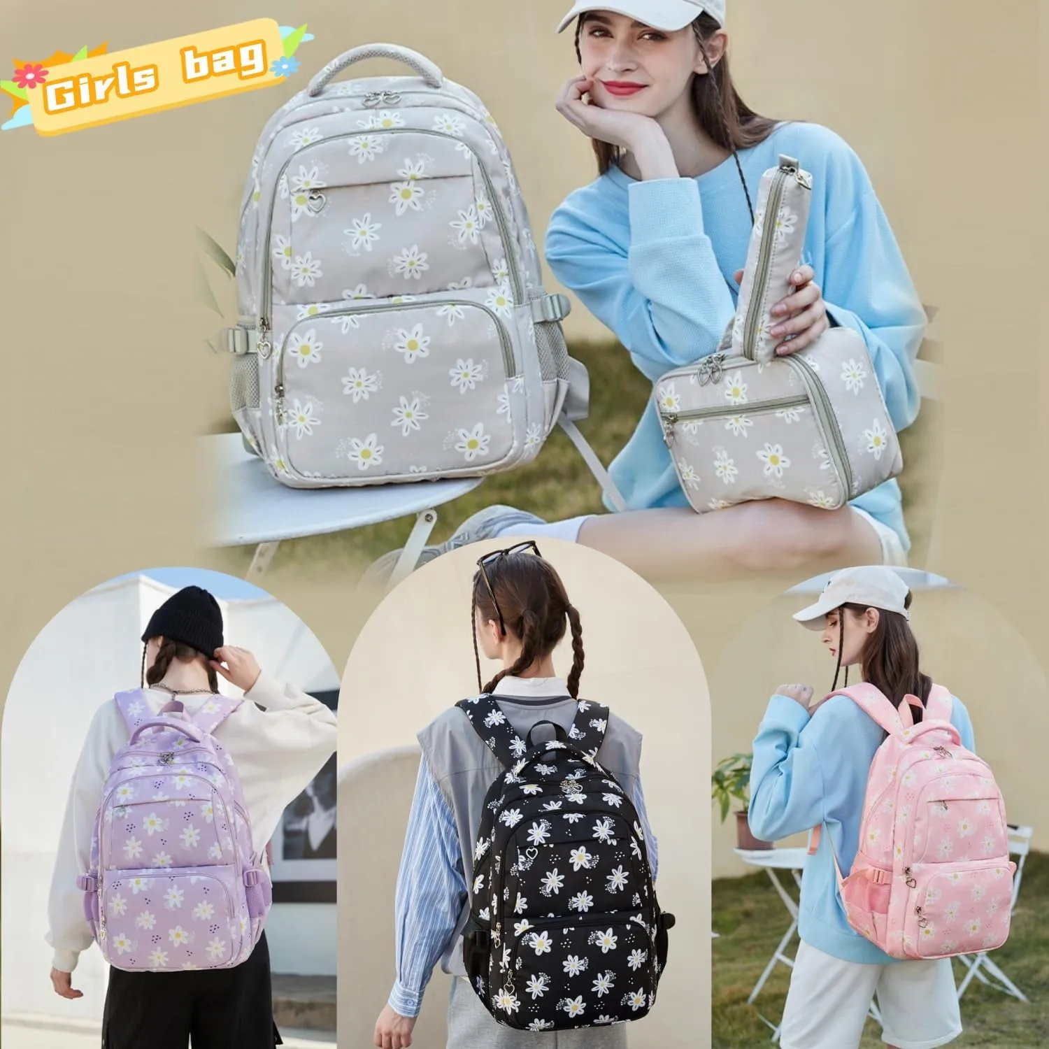 3Pcs Daisy Backpack for Girls with Lunch Box Kids School Bag with Lunch Bag Bookbag for Elementary School
