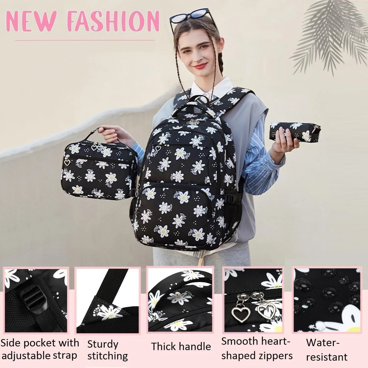 3Pcs Daisy Backpack for Girls with Lunch Box Kids School Bag with Lunch Bag Bookbag for Elementary School