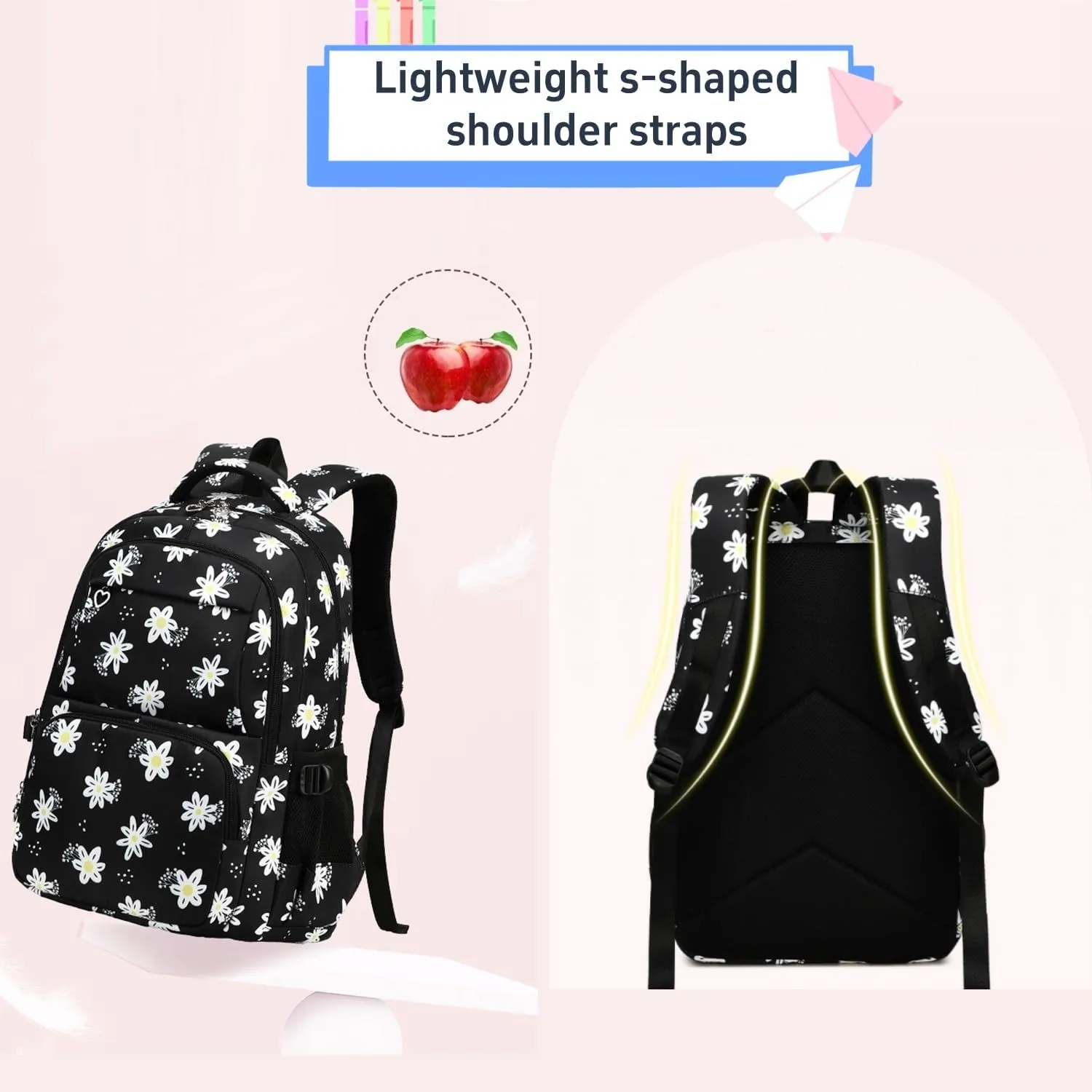 3Pcs Daisy Backpack for Girls with Lunch Box Kids School Bag with Lunch Bag Bookbag for Elementary School