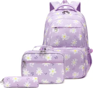 3Pcs Daisy Backpack for Girls with Lunch Box Kids School Bag with Lunch Bag Bookbag for Elementary School