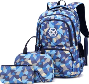 3Pcs Geometric Print Boys Backpack and Lunchbox Set for School Kids, Capacity School Backpack for Boys Elementary School