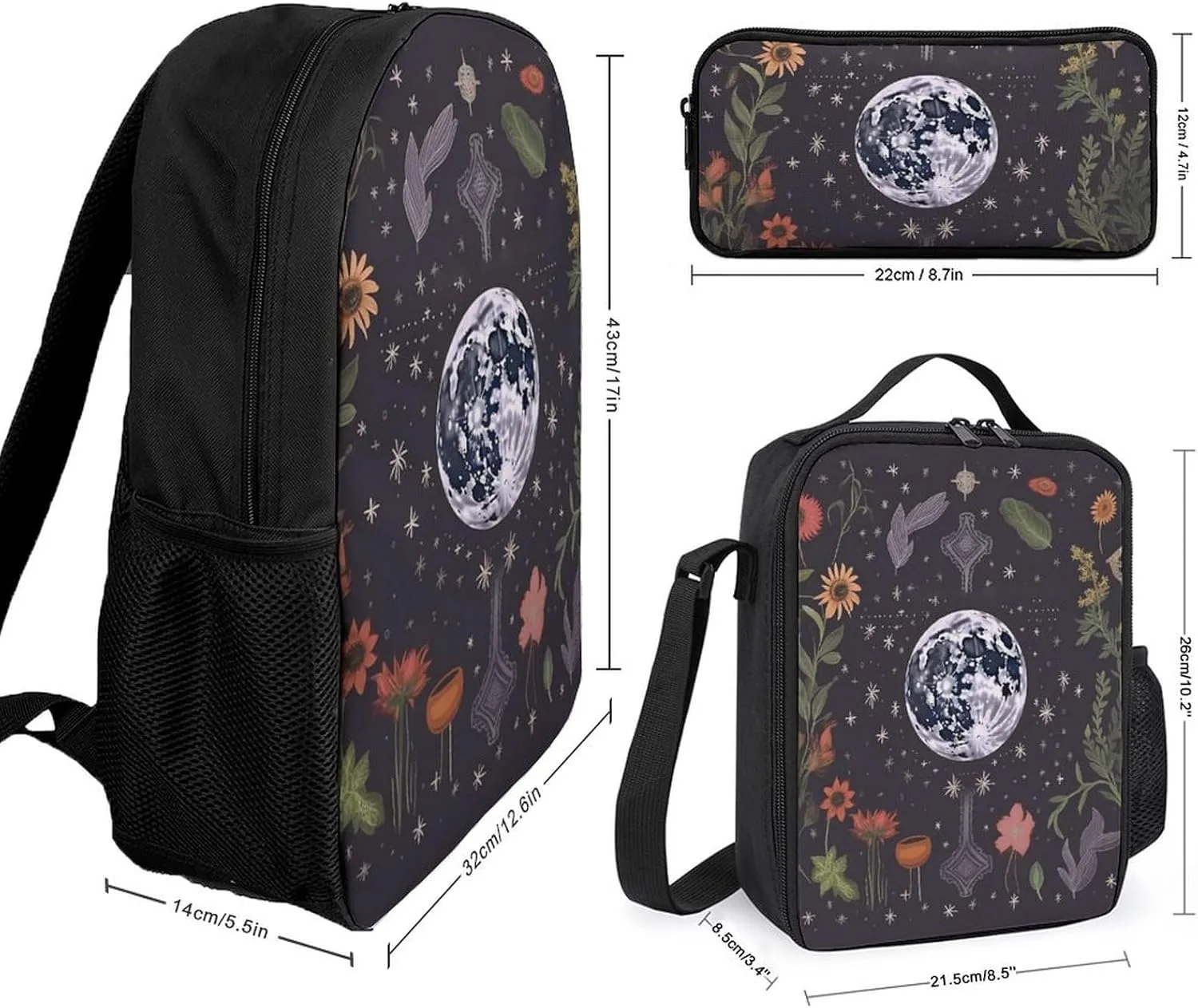 3PCS Nature Moon Phase Backpack Set, 17 Inch Backpack with Portable Lunch Bag And Pencil Case for Work/Picnic/Travel
