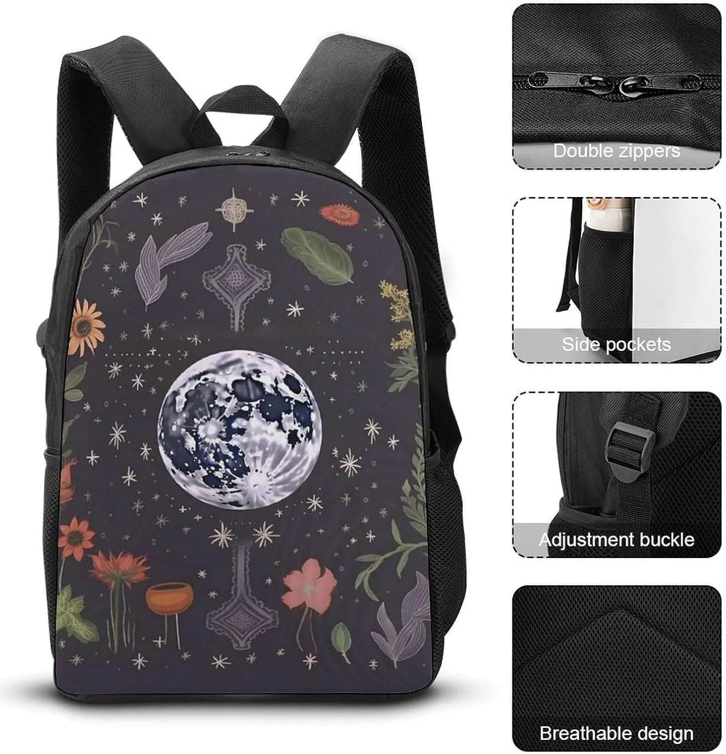 3PCS Nature Moon Phase Backpack Set, 17 Inch Backpack with Portable Lunch Bag And Pencil Case for Work/Picnic/Travel