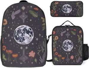 3PCS Nature Moon Phase Backpack Set, 17 Inch Backpack with Portable Lunch Bag And Pencil Case for Work/Picnic/Travel