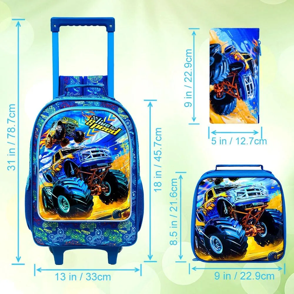 3PCS Rolling Backpack for Girls and Boys， Kids Unicorn Dinosaur Wheeled Bookbag