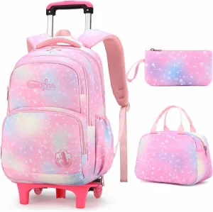 3Pcs Rolling Backpack for Girls Dream Princess Wind Bookbag with Wheels Travel Bag Trolley School Bag with Lunch Box Pink