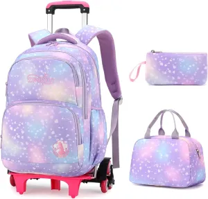 3Pcs Rolling Backpack for Girls Dream Princess Wind Bookbag with Wheels Travel Bag Trolley School Bag with Lunch Box Purple