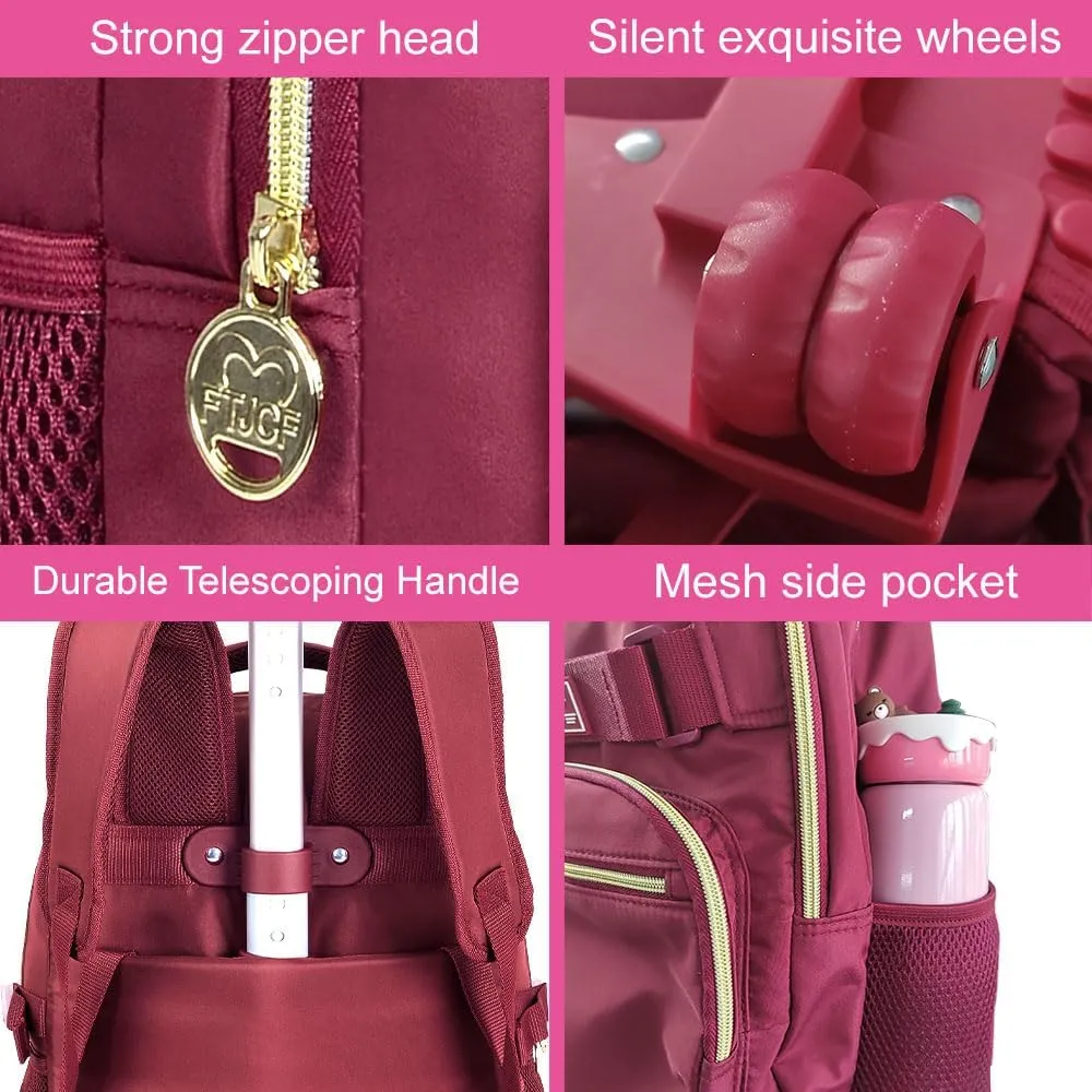 3Pcs Rolling Backpack for Girls Women, 19 Inche Adults Roller Backpacks with Wheels, School Wheeled Bookbag with Lunch Box(Wind Red)