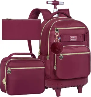 3Pcs Rolling Backpack for Girls Women, 19 Inche Adults Roller Backpacks with Wheels, School Wheeled Bookbag with Lunch Box(Wind Red)