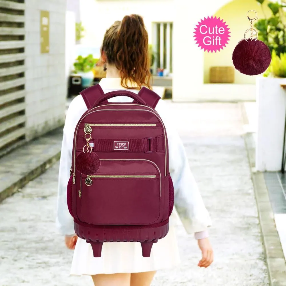3Pcs Rolling Backpack for Girls Women, 19 Inche Adults Roller Backpacks with Wheels, School Wheeled Bookbag with Lunch Box(Wind Red)