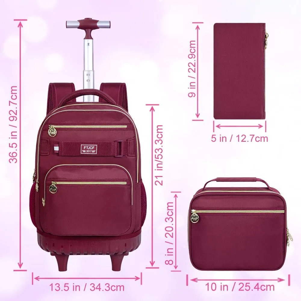 3Pcs Rolling Backpack for Girls Women, 19 Inche Adults Roller Backpacks with Wheels, School Wheeled Bookbag with Lunch Box(Wind Red)