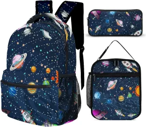 3pcs Space Galaxy Backpack Set, Multi-functional Laptop Bag 17in Water Resistant Travel Daypack, Large Capacity Double Shoulder Backpack With Lunch Bag (Space Galaxy